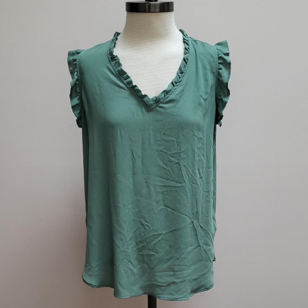 Loft Sage Green Ruffle V-neck Sleeveless Tank Blouse, Size Small